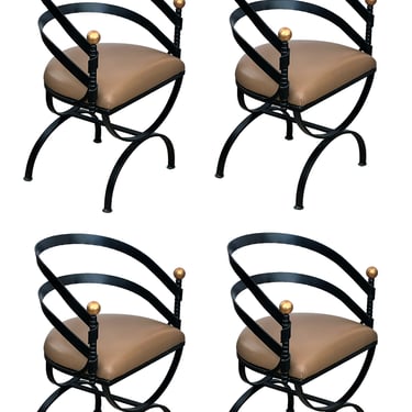 Stylish Set of Four Wrought Iron Barrel-back Curule-form Chairs