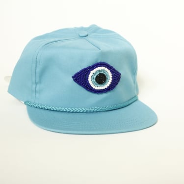 Beaded Third Eye / Evil Eye Upcycled Vintage 90's Hat - Turquoise Hat - Glass Beads and Button Eye - Leather Adjustable Strap 