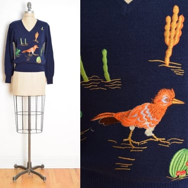 vintage 70s sweater navy blue embroidered ROADRUNNER bird jumper top shirt M L clothing 