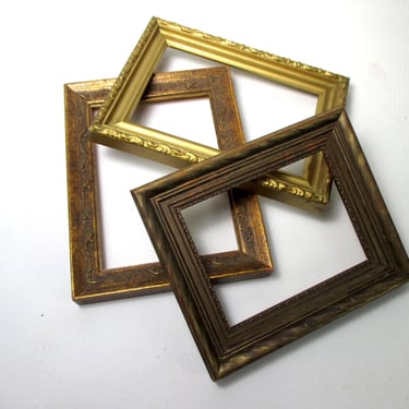 Trio Antique Carved Wood Open Frames Ornate Gold Leaf Art Deco Gallery Wall Vintage Mismatched Photo Collage Painting Drawing No Glass 3 pc 