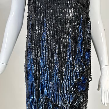 1920s Black &amp; Blue Flame Sequin Flapper Dress