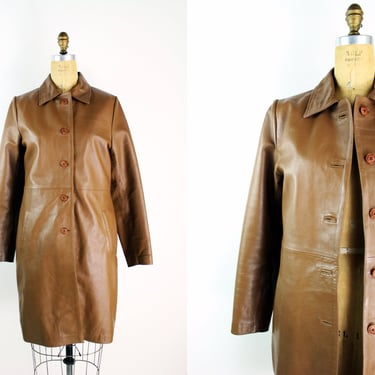 70's Brown Leather Jacket / Leather Coat / 1970s British Tan Leather / Brown Midi Leather Coat / Size S/M 