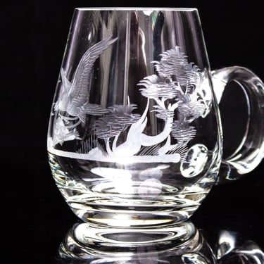 Vintage Crystal Etched Glass Mug With Bird & Nature Scene Collectible 4.75