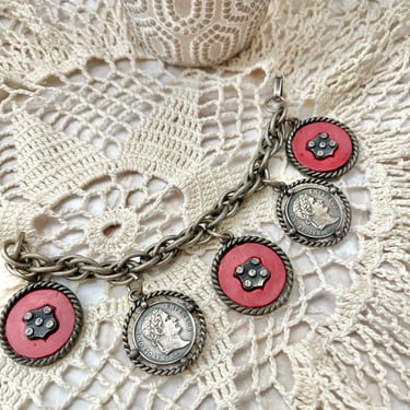 French Souvenir Bracelet, Francs Charm Bracelet, Coins, Napoleon Tomb, Vintage Dangle Charm, Statement 