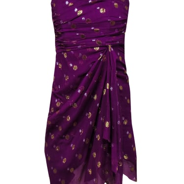 Nicole Miller - Purple Pleated One-Shoulder Dress w/ Silver &amp; Gold Polka Dots Sz 0
