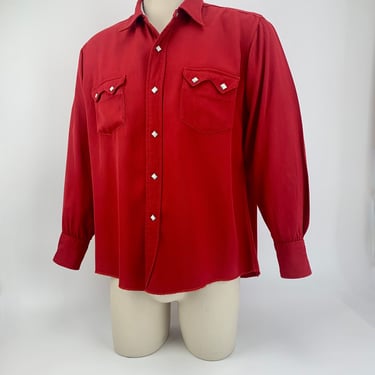 1940'S Western Shirt - Red Rayon Gabardine - Square Metal Snaps with Marble Stones - Men's Size Medium 