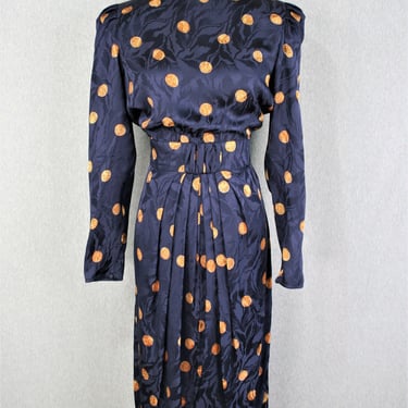1980-90s - Boss Girl-  Silk Dress - Dark Blue Dress -Corporate Exec.- Coin - Party Dress-  by Maggie London - Marked size 8 