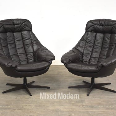 Danish Modern Brown Leather Swivel Lounge Chairs - A Pair 