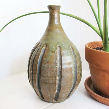 Mid Century Primitive Brutalist Signed Studio Pottery Vase - 1960s Brown Green Textured Drip Glaze Tall Bottle Shaped Ceramic 