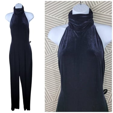 Vintage Velvet Jumpsuit Size XL Stretchy Sleeveless Evening High Neck Black 