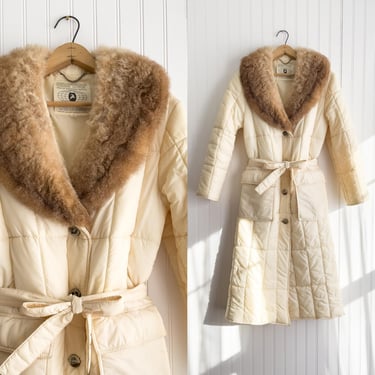 cream fur coat 70s vintage rabbit fur collar belted puffer jacket 