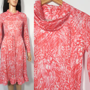 Vintage 70s Abstract Print Cowl Neck Ruffle Hem Dress Size S 