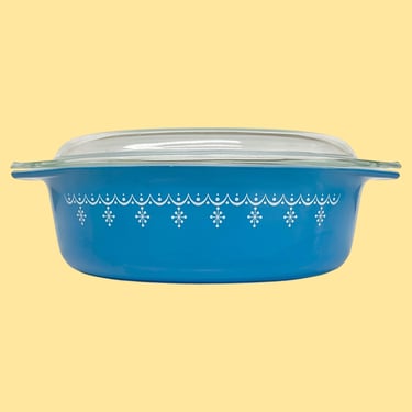 Vintage Pyrex Casserole w/Lid Retro 1970s Mid Century Modern + Snowflake Blue + 045 + 2.5 Quart + Blue/White + Ceramic + MCM Kitchen Storage 