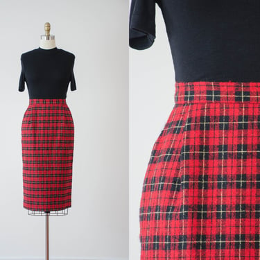 red plaid wool skirt | 70s 80s vintage Pendleton red black plaid academia style knee length tweed wool skirt 