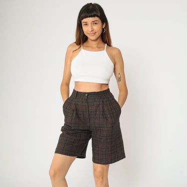 90s Plaid Wool Blend Shorts Pleated Trouser Shorts Brown Navy Blue Green High Waisted Retro Preppy Checkered Vintage 1990s Academia Small S 