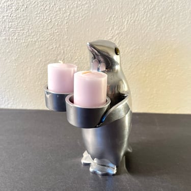 Vintage 90s Metal Penguin Double Candleholder by Restoration Hardware 