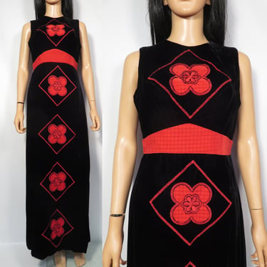 Vintage 60s/70s Designer Pat Richards Velvet Daisy Medallion Maxi Dress Made In USA Size S/M 