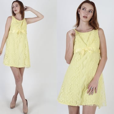 Short Light Yellow Lace Go Go Dress, Vintage 1960s Bridesmaids Outfit, 60s Bridal Ceremony Short Frock 