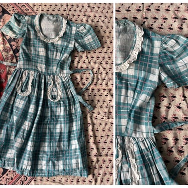 True vintage 1950’s summer dress, soft cotton | dusty turquoise plaid with white eyelet trim, girls or juniors XXS 
