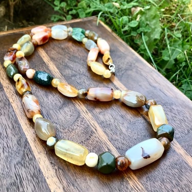 Vintage Mixed Agate Rope Necklace Polished Natural Stones Rainbow Crystal 31” 