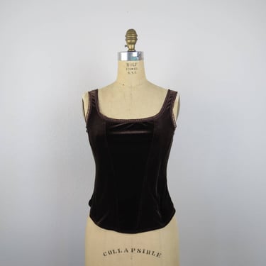 Vintage Y2K tank top, corset style, velvet, stretch, pullover, brown, cottagecore, academia, witch core 