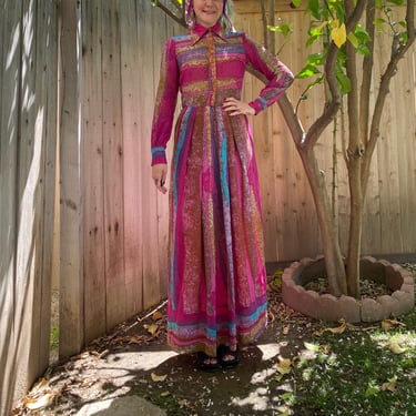 Vintage 1970’s Pink Striped Maxi Dress with Long Sleeves 