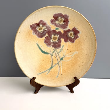 Artisan stoneware pottery plate with flowers - 1980s vintage 