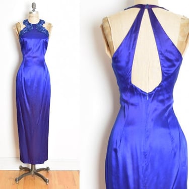 vintage 90s prom dress purple satin sequin cutout McClintock maxi gown party M clothing Gunne Sax 