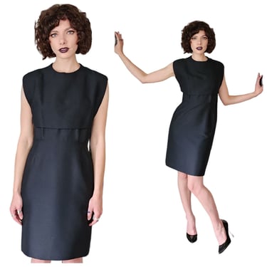 Vintage 60s Black Sleeveless Party Dress Tailored Wool Mod 