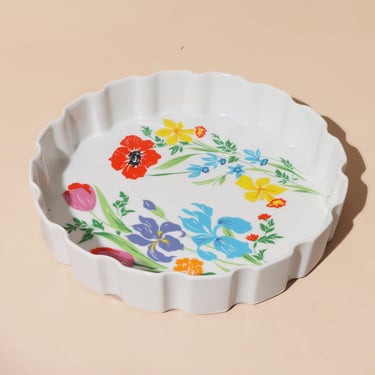 Vintage Scalloped Pie Dish Floral Design, Quiche Dish, Catchall, Trinket Dish 