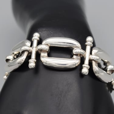 Chunky 80's rhodium plated geometric links bracelet, big funky silver bars & rectangles preppy statement 