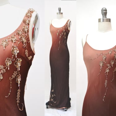 Vintage 00s Y2K Bias Cut Silk Dress Cache Brown Floral Silk Chiffon Dress XS Small 90s 00s Silk Beaded Sequin Flower Tank Brown Dress 