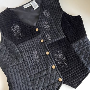 Vintage 90s Black Quilted Embroidered Button Front Cotton Button Vest 