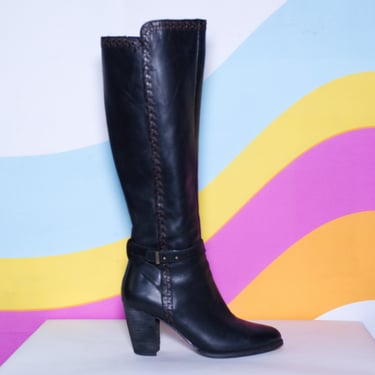 Retro Black Leather Ugg Claudine Tall Boot Stacked Heel | Size 7 