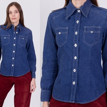70s Denim Button Up Shirt - Extra Small | Vintage Lightweight Medium Wash Blue Jean Shacket 