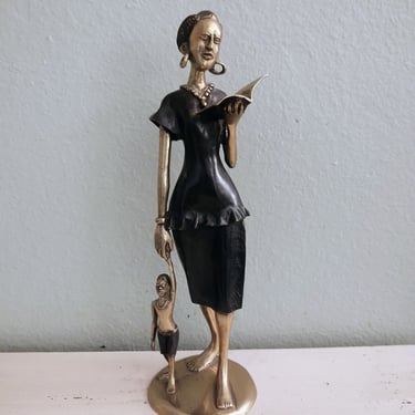 Vintage African Bronze Statue Reading Woman with Child Figurine Sculpture Art Home Décor Home Accent 