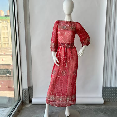 1970s Lillie Rubin Coral Silk Sequin Dress 