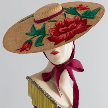 Fabulous 1930's Embroidered Straw Cartwheel Hat From France