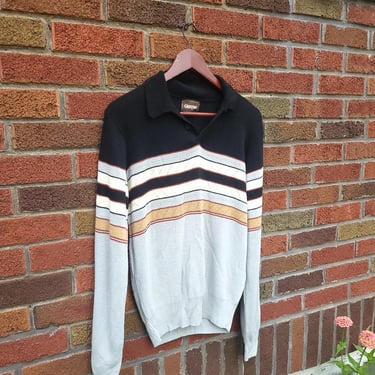 Vintage 1970's Campus Acrylic Polo Knit Long Sleeve Striped Shirt Sweater / Small 