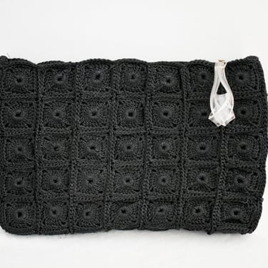 1940s Black Crochet Rectangle Clutch with Lucite Zipper Pull 