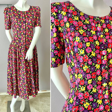 Neon Floral Dress, Button Down Shirt Dress, Vintage 80s, Soft Cotton Knit, Adrienne Vittadini 