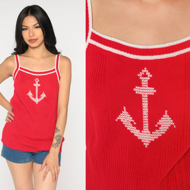 70s Anchor Top Red Knit Tank Top Retro Nautical Sleeveless Shirt Boho Hippie Summer Mod Blouse Spaghetti Strap Sailor Vintage 1970s Large L 