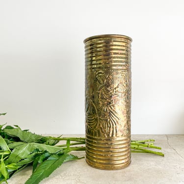 Brass Vase Umbrella Stand Cane Walking Stick Stand Cylinder Tall Metal Vase Embossed Colonial Vintage Brass Decor Branches Centerpiece 