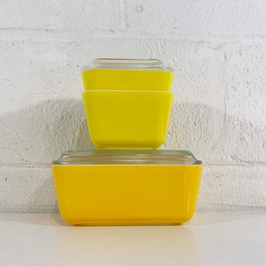 Vintage Pyrex Yellow Refrigerator Dish Set Glass Mid-Century Ovenware Fridge 1960s Daisy Citrus Fridgie 501 502 Sunflower Orange 