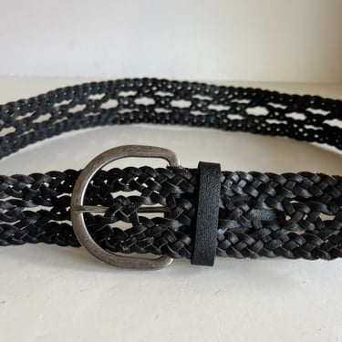 GAP Black Genuine Leather Wide Woven Free Size Silver Buckle Belt - M 