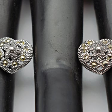 80's sterling marcasite floral heart studs, romantic NF 925 silver sparkly pyrite flower earrings 