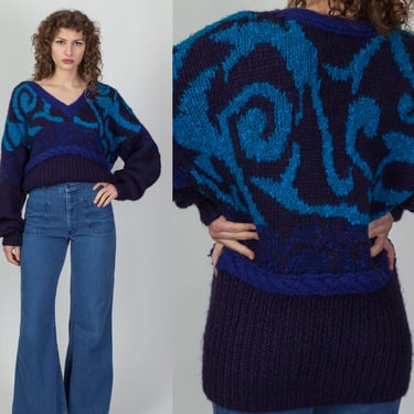 Vintage 80s Novo Mohair Oversize Sweater - Medium | Vintage Slouchy Purple Blue Swirl Knit Pullover 
