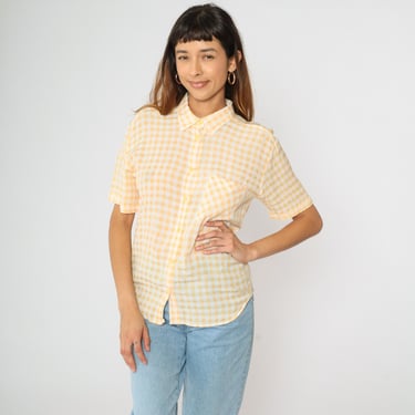 Vintage Yellow Gingham Shirt 90s Plaid Shirt White Button Up Blouse Short Sleeve Checkered Check Print Top Preppy Chest Pocket Medium Petite 