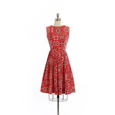 50s bandana dress | Vintage 1950s red bandana cotton dress 