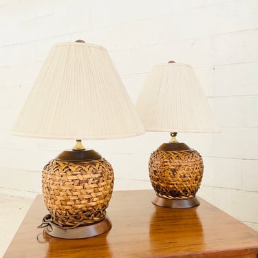 Bamboo And Walnut Woven Lamps With Shade